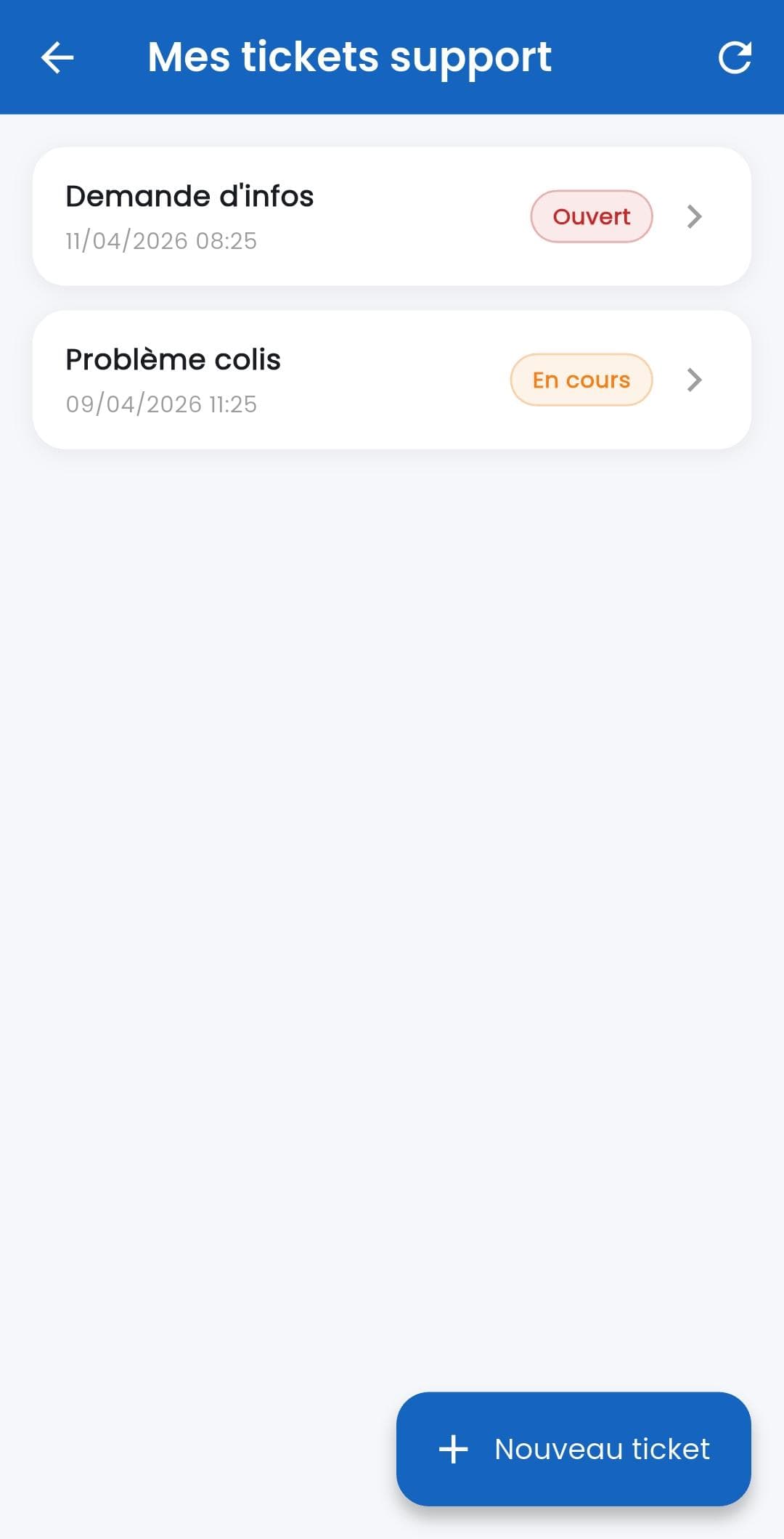 Écran Colibato listant des tickets support ouverts et en cours.
