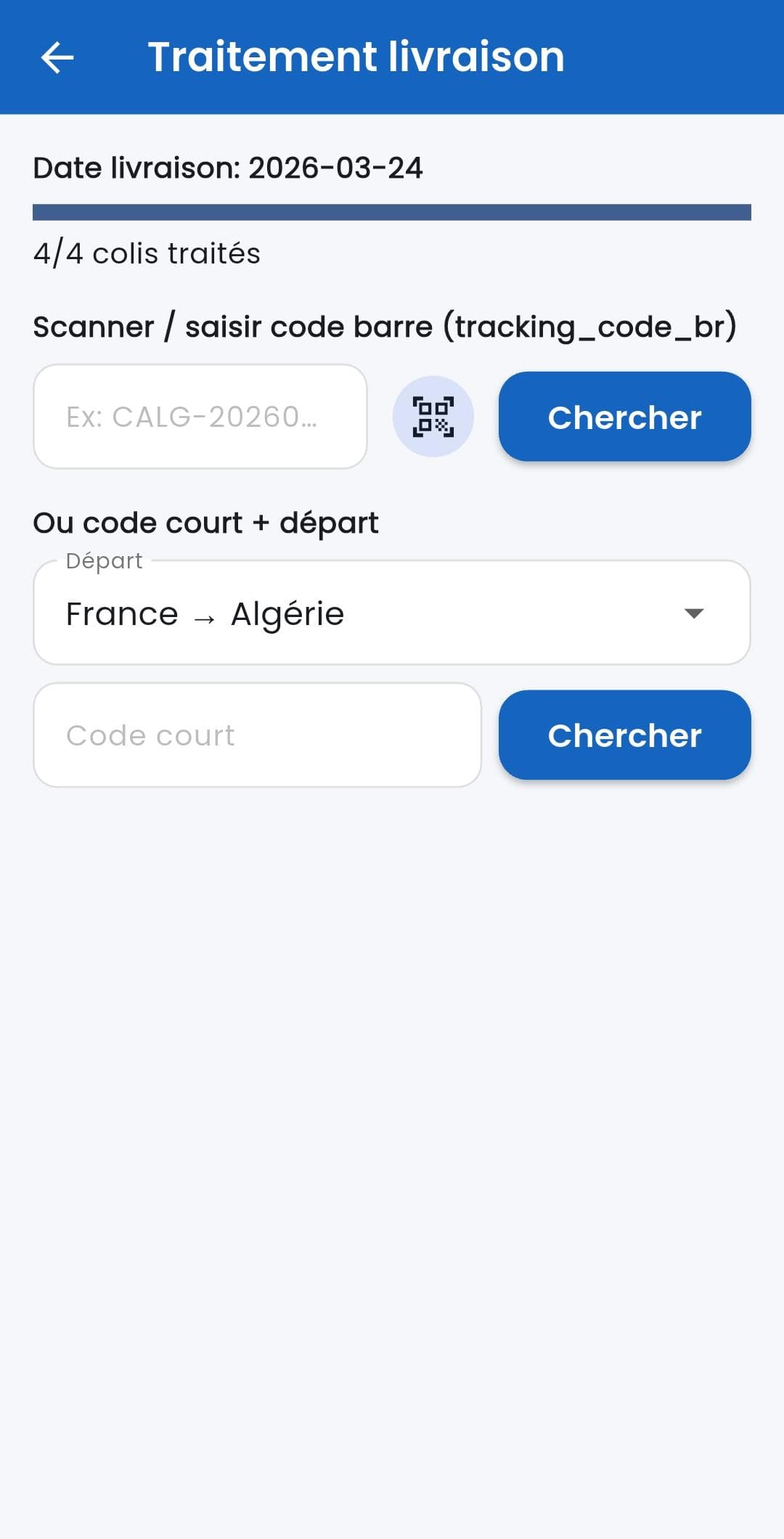 Écran Colibato de traitement de livraison avec scan code-barres.