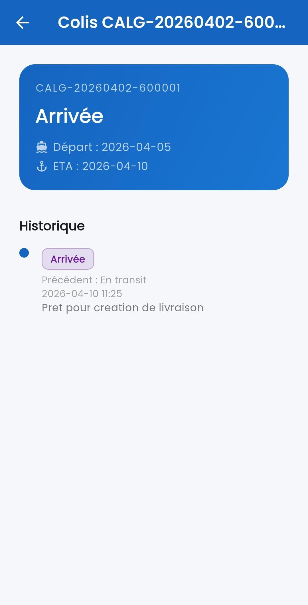 Écran Colibato avec détail d'un colis et historique de suivi.