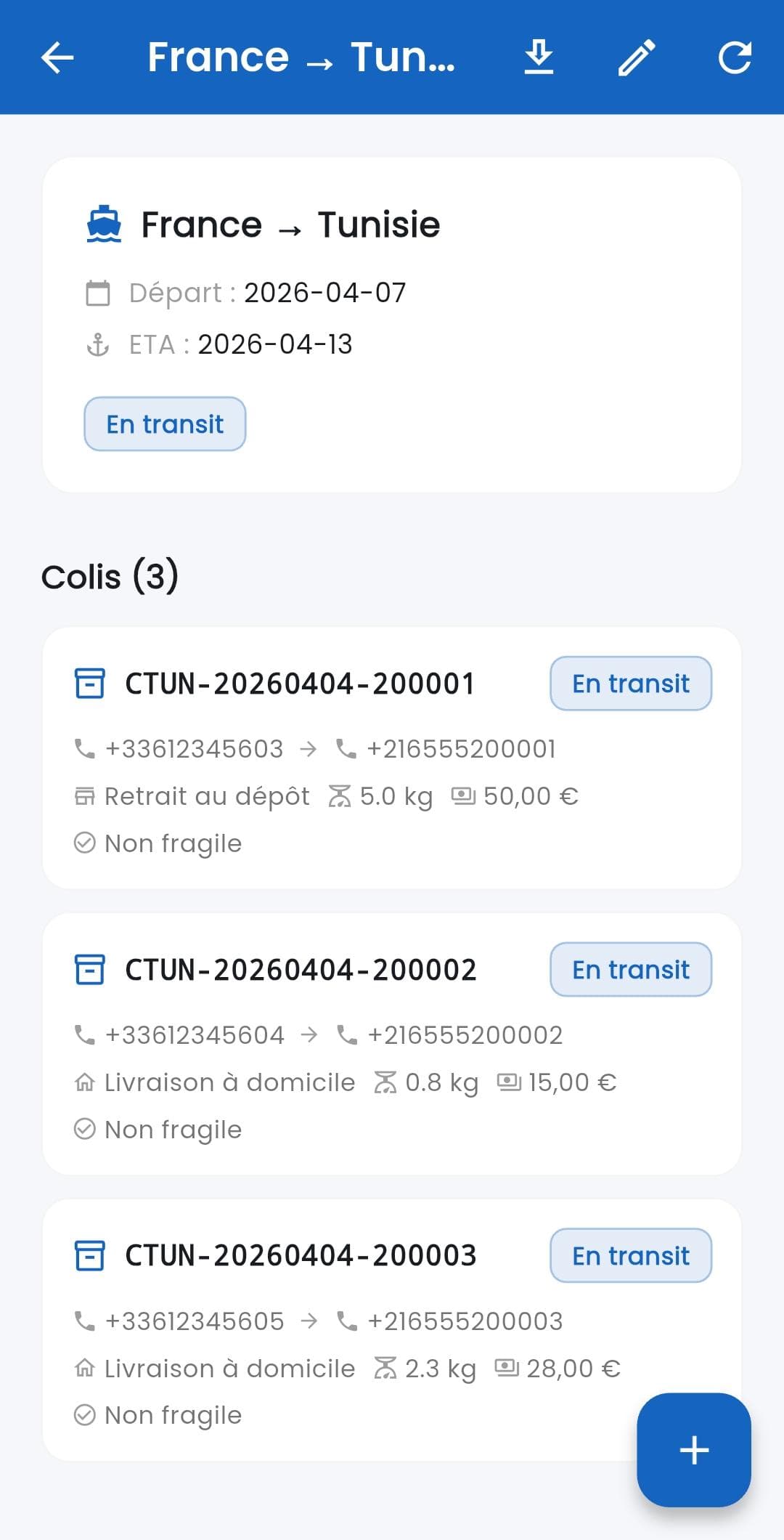 Écran Colibato d'un départ France vers Tunisie avec liste des colis en transit.
