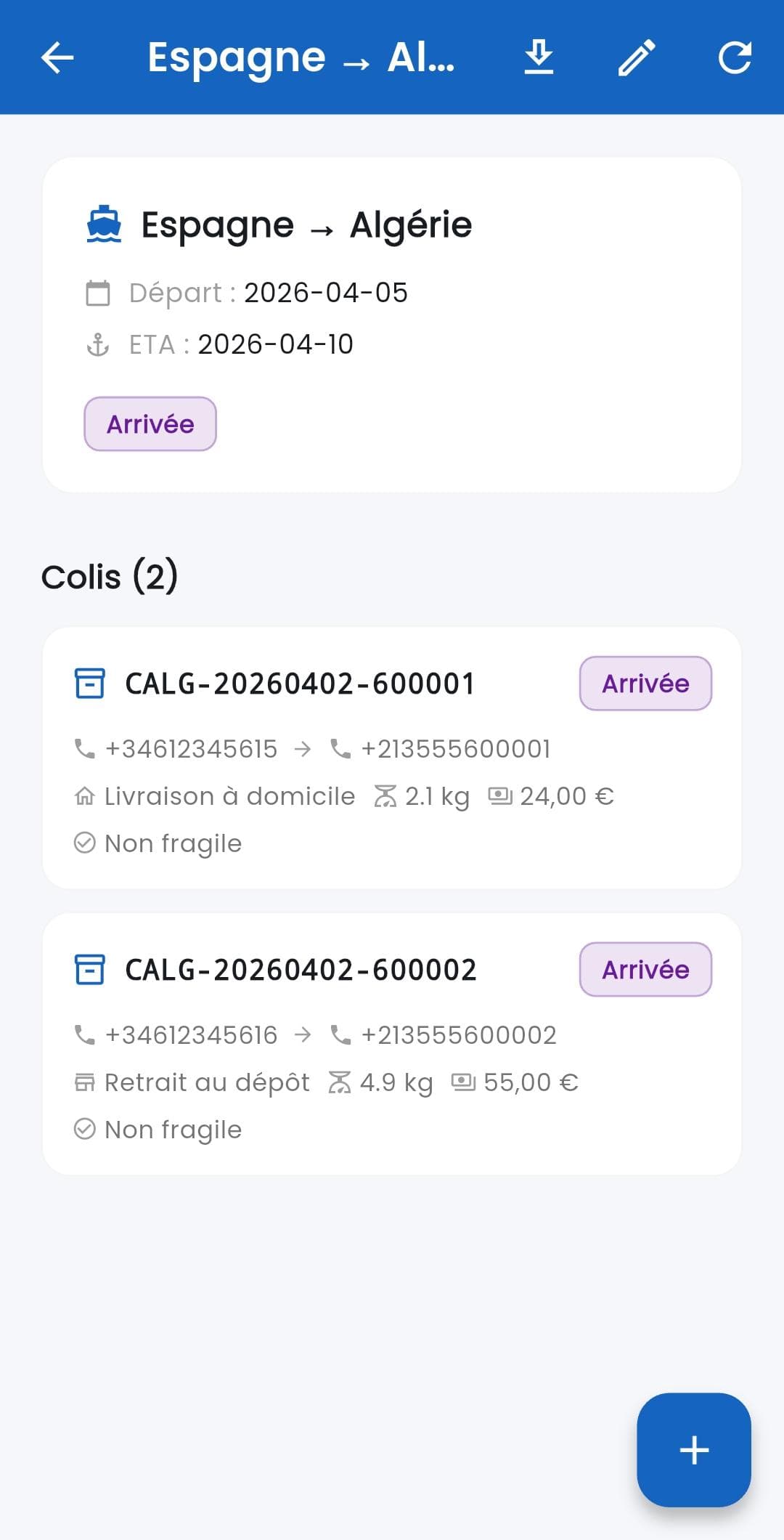 Écran Colibato d'un départ Espagne vers Algérie avec colis arrivés.